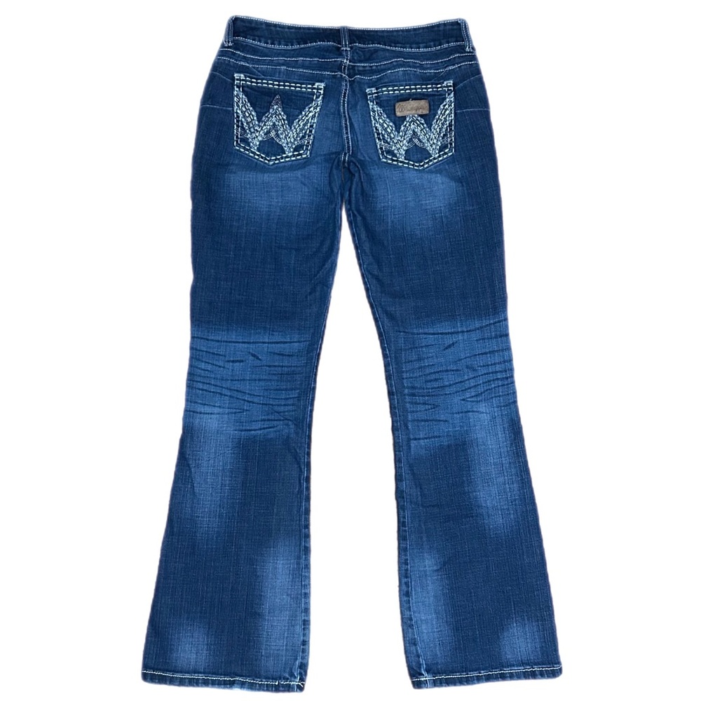 Wrangler Premium Patch Blue Low Rise Bootcut Jeans Women’s Size 9x34 Dark Wash